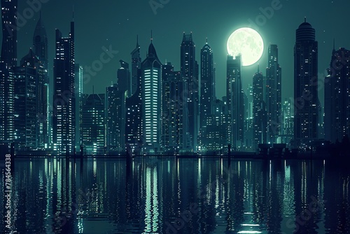 City skyline with buildings silhouetted against a full moon in the night sky photo