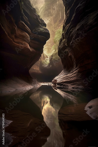 A serene canyon with smooth walls, a reflective stream, and light from above creating an ethereal atmosphere