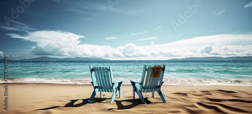 Two blue chairs on a sandy beach facing the ocean  offering a peaceful and inviting view under a partly cloudy sky