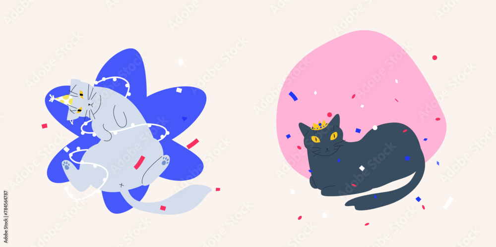 Party festive cat vector illustration. Cute pets with bows and hats with confetti on abstract form. Cute card, postcard, poster or sticker. Party festive cat vector illustration. Cute pets with bows and hats with confetti on abstract form. Cute card, postcard, poster or sticker.
