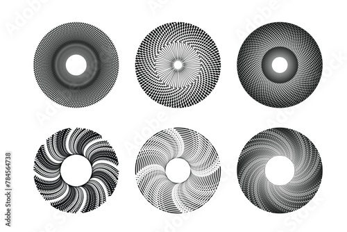 Design spiral dots backdrop. Abstract monochrome background. Vector-art illustration. No gradient, Trendy design element for frame, round logo, sign, symbol, web, prints, posters, template, pattern