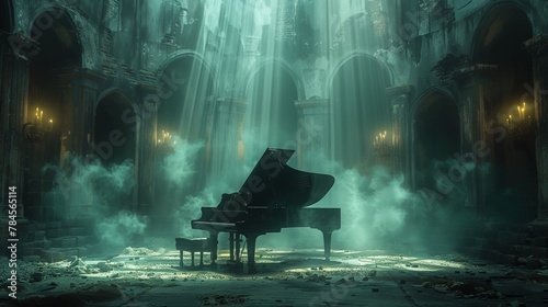 Mystical Blue Light in Abandoned Church Piano photo