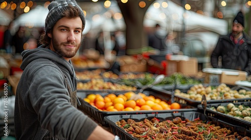 Young Man Shopping for Fresh Produce at Outdoor Market