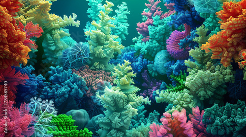 Lush coral reef fractals in 3D blend sea greens and blues in an abstract sea.