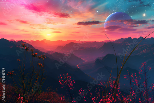 a distant exoplanet with alien flora, red spectrum
