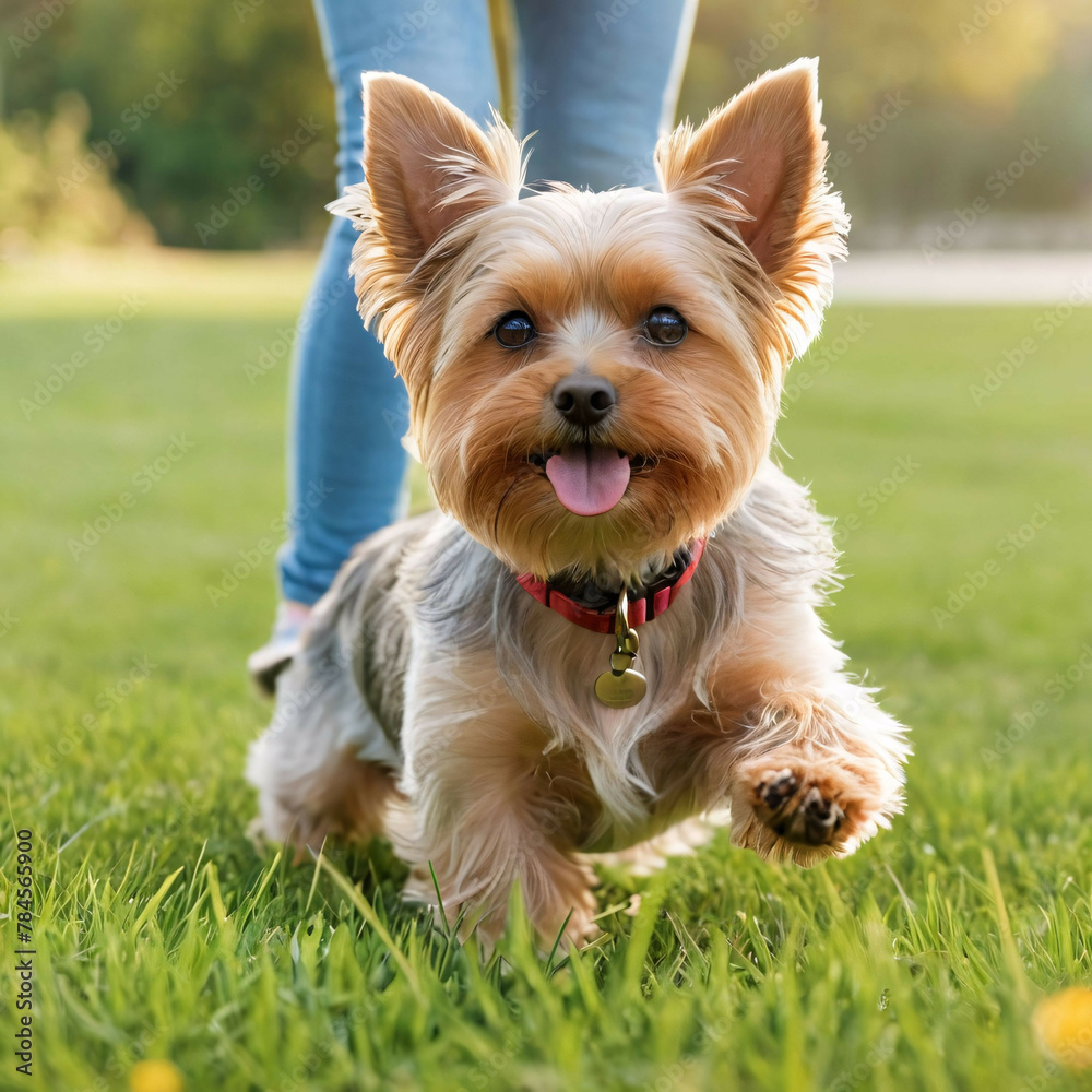 A young girl is petting a small dog on the grass A young girl is petting a small dog on the grass
