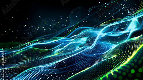 Abstract green and blue waves representing a flowing data stream.