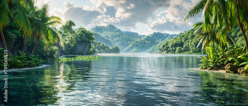 Serene Lake Surrounded by Dense Forest, Reflection of Misty Mountains, Tranquil Morning Scenery photo