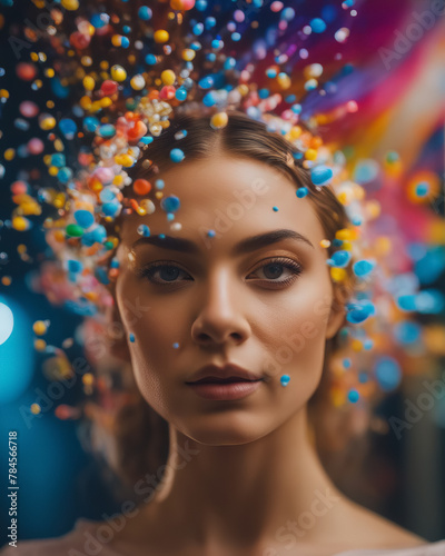 Beauty and vibrant colors: female fantasy portrait photo with a braid made of colorful ribbons and candy balls © Mikalai