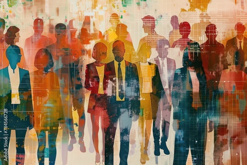 Mixed media composition featuring a group of multinational people and a global communication network concept, representing management strategy and human resources. 
