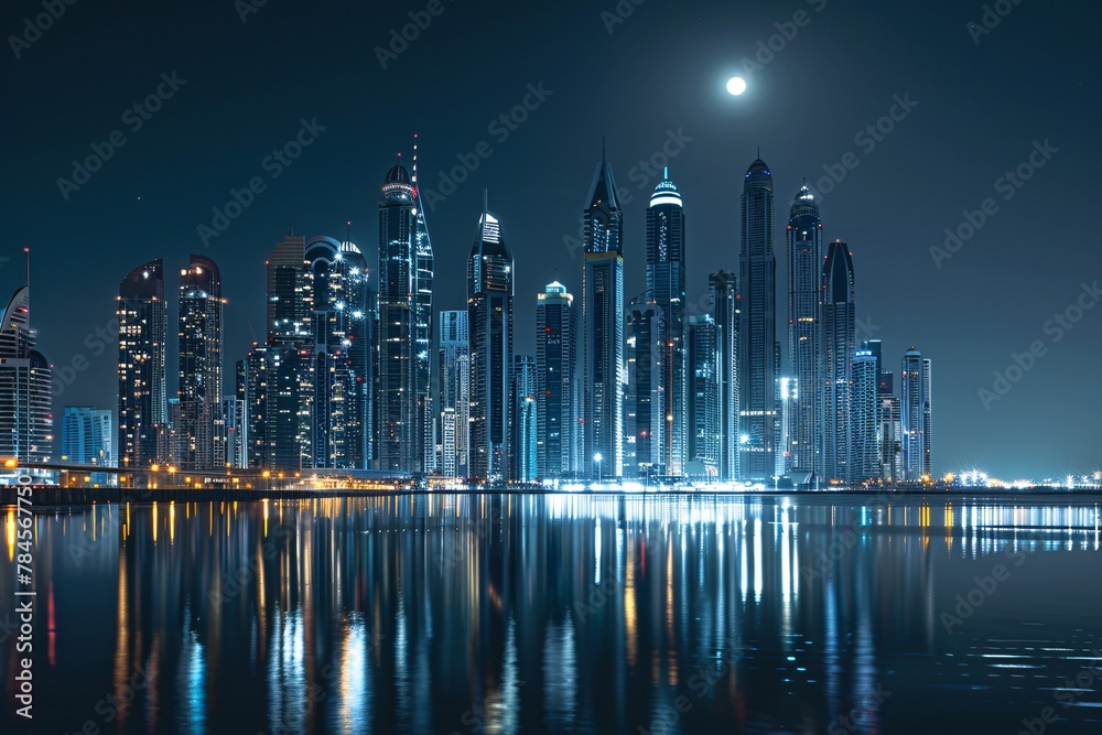 Urban cityscape at night with vibrant lights reflecting in the water, creating a captivating scene