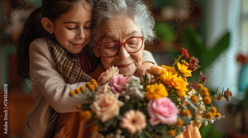 A young girl embraces her elderly grandmother, both smiling, with a colorful bouquet of flowers in focus © Collab Media