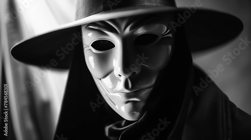 A man wearing a porcelain mask, dressed in black and wears a hat wih a monochorme in background. Conveys mystery and intrigue style.