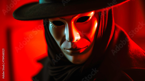 A man wearing a porcelain mask, dressed in black and wears a hat wih a red light in background. Conveys mystery and intrigue style. photo
