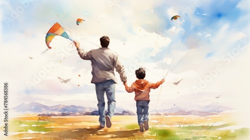 A man holds a kite and his two children walk next to him. The action takes place in a nature park with the sky overhead. Watercolor illustration