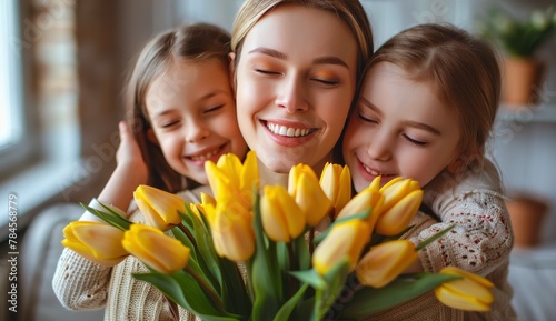 Mother and Daughter Admiring Bouquet of Tulips