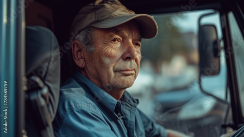 Cargo truck lorry delivery driver elderly senior man standing in van parking concept of driver operator industry transportation logistic transit business, driver occupation and training photo