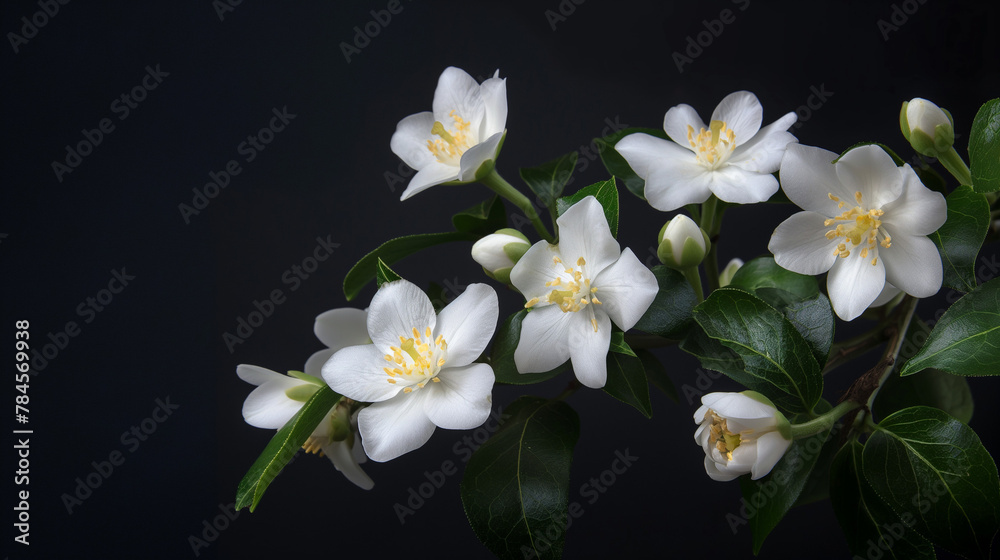 Branch with white spring flowers on black background, space on the left Branch with white spring flowers on black background, space on the left