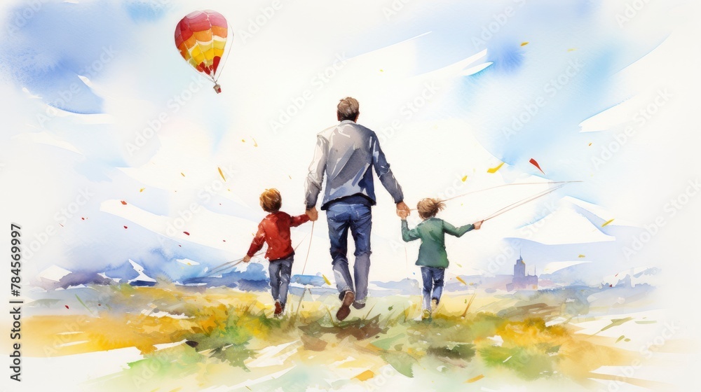 A man holds a kite and his two children walk next to him. The action takes place in a nature park with the sky overhead. Watercolor illustration - obrazy, fototapety, plakaty 
