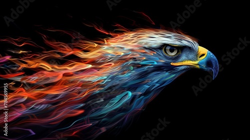 Majestic eagle in vibrant digital flames on a dark background