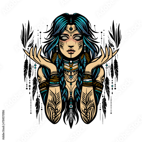 Beautiful Shaman Woman Portrait in Tribal Illustration, Spiritual Essence, Mystical Magic of Indigenous Culture, Ethnic Elegance. Vector Portrait of a Shamanic Lady for postcard, apparel, t shirt