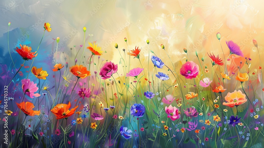 Vibrant wildflower meadow with colorful blooms and artistic background