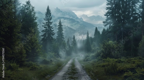 Misty mountain path through serene forest at dusk © volga