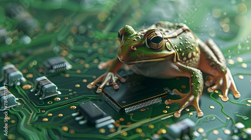 Green frog on a circuit board representing technology and nature