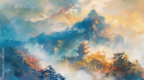 Enchanted autumn mountain landscape with ethereal pagoda