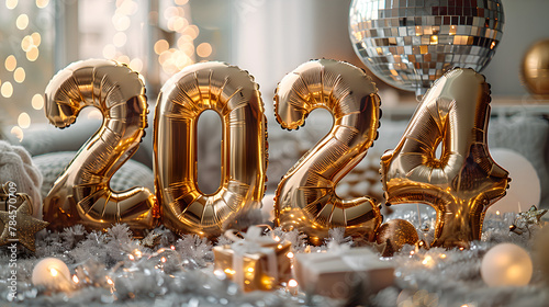 Shiny Gold 2024 Balloons in Festive New Year's Eve Decor, Generative AI © Crowcat