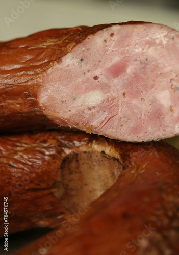 Cracow. Krakow. Poland. Traditional smoked polish sausage (kielbasa).. photo