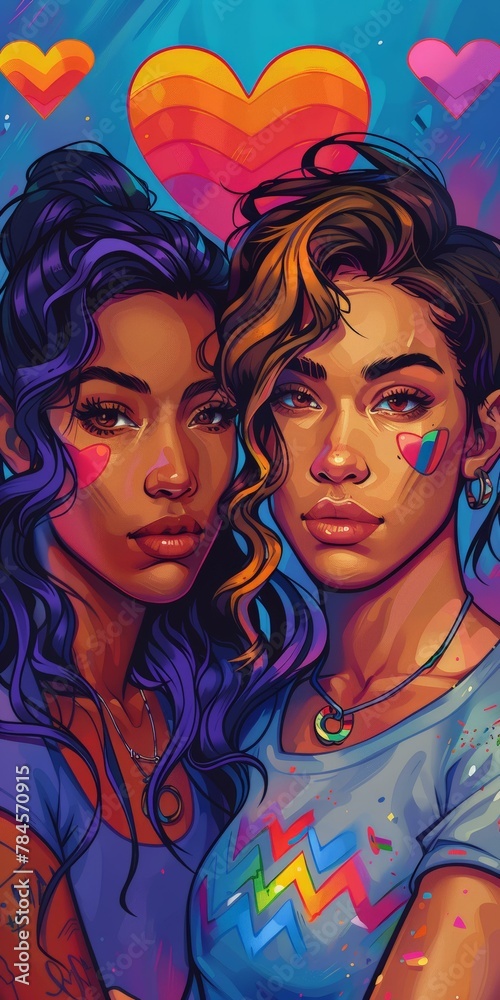 Two young women with colorful makeup and hair, blue and purple tones, heart symbols, diverse, digital illustration