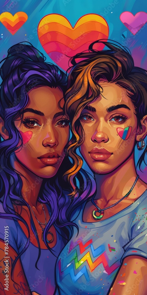 Obraz premium Two young women with colorful makeup and hair, blue and purple tones, heart symbols, diverse, digital illustration