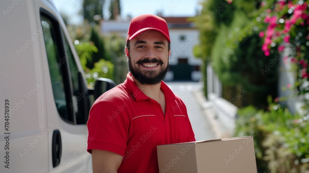Delivery courier service. Delivery man in red cap and uniform holding a cardboard box near a van truck delivering to customer home. Smiling man postal delivery man delivering a package Delivery courier service. Delivery man in red cap and uniform holding a cardboard box near a van truck delivering to customer home. Smiling man postal delivery man delivering a package
