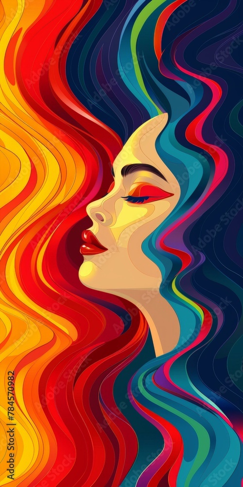 Vibrant abstract portrait of woman with colorful wavy hair design in red, orange, yellow, green, and blue hues.