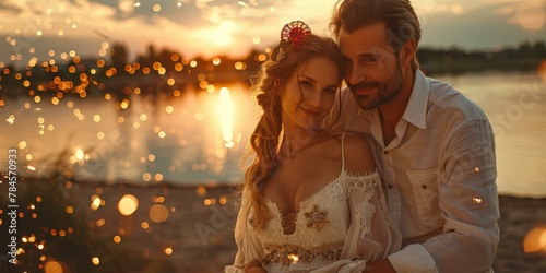 Romantic caucasian couple embracing at sunset, sparkling lights, beach setting, warm tones, bokeh effect.