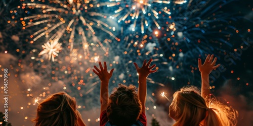 Three children watching colorful 4th of July fireworks display at night, joyful celebration, excitement in the air