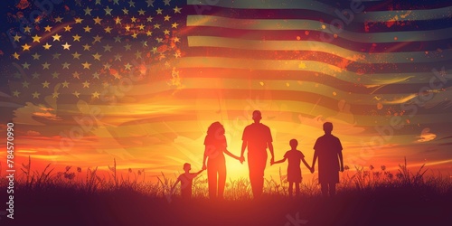 Silhouetted family holding hands at sunset with American flag overlay, patriotism concept.