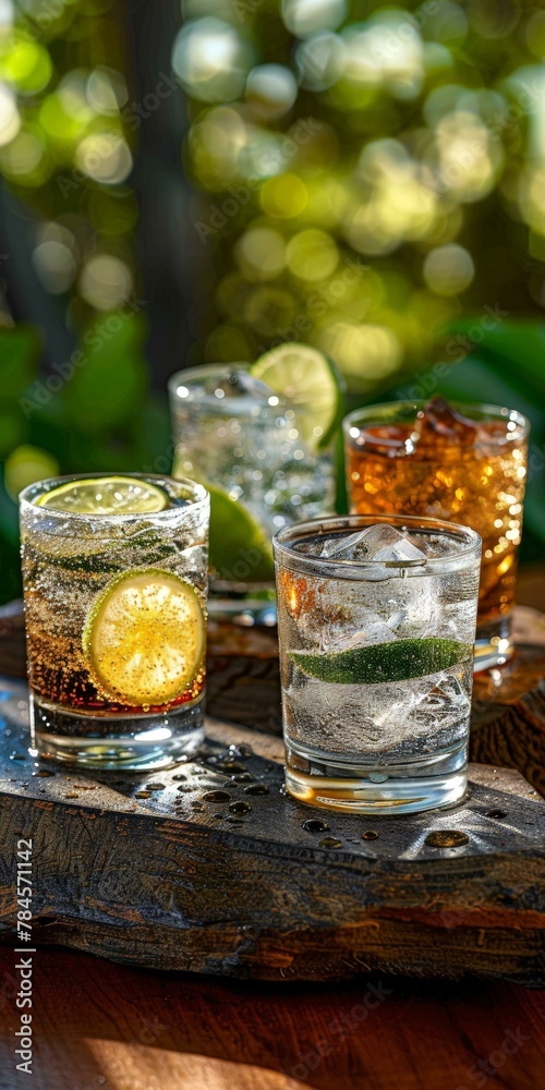 Three assorted drinks with lemon and lime slices on wooden board, refreshing beverages, soda, cocktail, bokeh background. Three assorted drinks with lemon and lime slices on wooden board, refreshing beverages, soda, cocktail, bokeh background.
