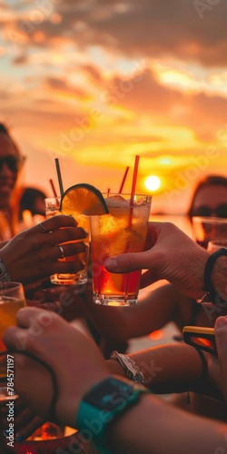Group of people toasting with cocktails at sunset, warm tones, summer vibes, friendship celebration, outdoor gathering