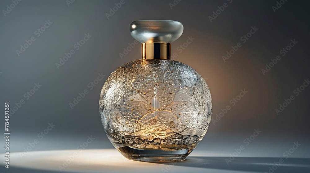 Glistening glass fragrance flask, delicately crafted, projecting an air of sophistication.