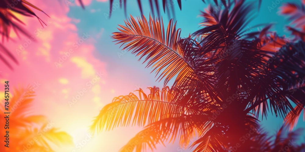 Tropical sunset with palm tree silhouettes and vivid pink and blue sky. Copy space.