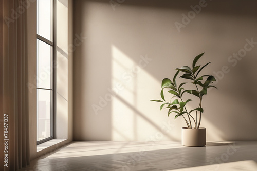 Sunlit space. Room with expansive window and potted plant