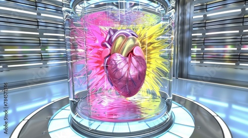 Futuristic medical concept with holographic human heart in stasis chamber, vibrant pink and yellow energy streams, modern laboratory setting