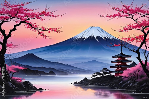 Serene landscape with mountain, pagoda in background. For meditation apps, on covers of books about spiritual growth, in designs for yoga studios, spa salons, illustration for articles on inner peace.