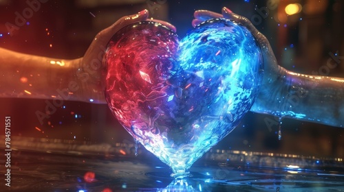 Two hands holding a glowing red and blue heart with sparkling water droplets, symbolizing love and unity, vibrant Valentine's Day theme.