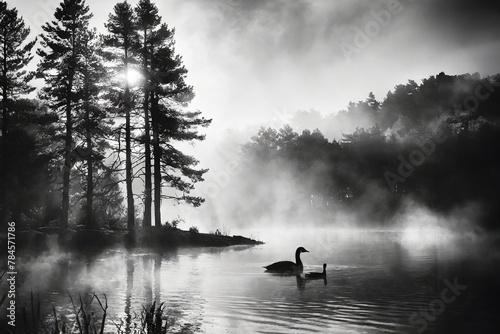 Misty morning mood on a lake with tall pine trees, small rocks and fallen tree in the foreground and loon on the water
