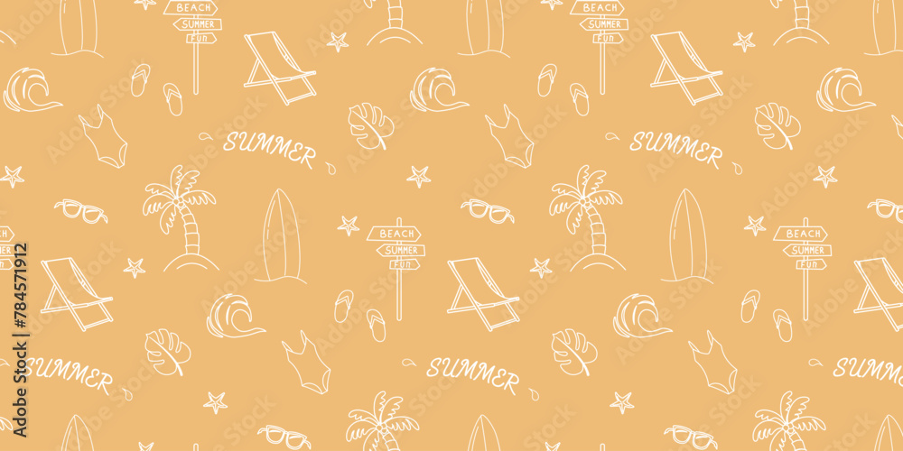 Summer. Hand drawn set of simple icons on orange background with summer ...