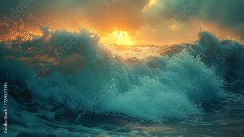 Sun beams through clouds onto ocean waves, painting the sky with hues at dusk
