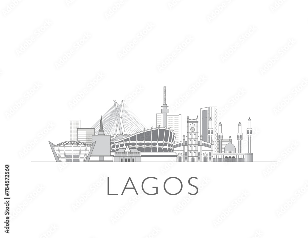 Lagos skyline cityscape line art style vector illustration in black and white
